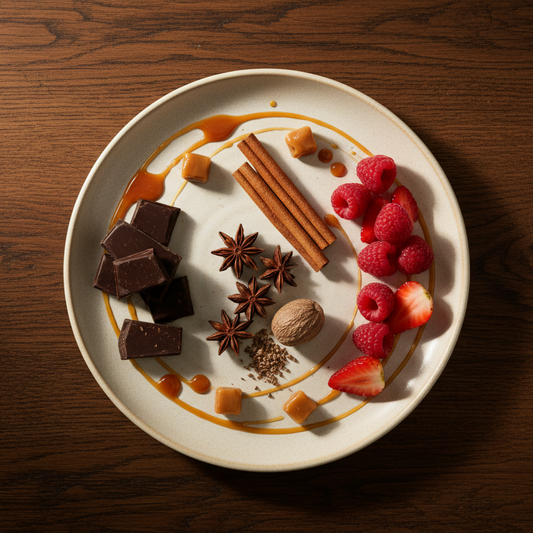 Plate with chocolate pieces, spices, and berries on a wooden surface